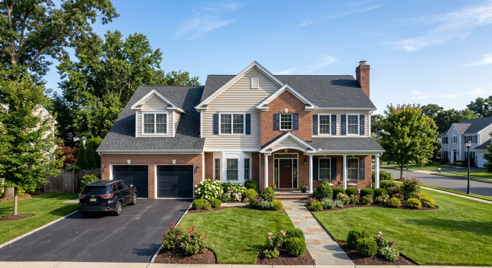Brick-front colonial home with a two-car garage and manicured landscaping on a quiet street in East Brunswick, NJ