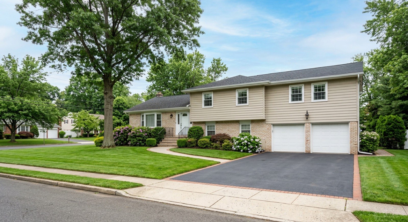 Classic split-level home with brick accents and a two-car garage on a quiet street in Edison, NJ