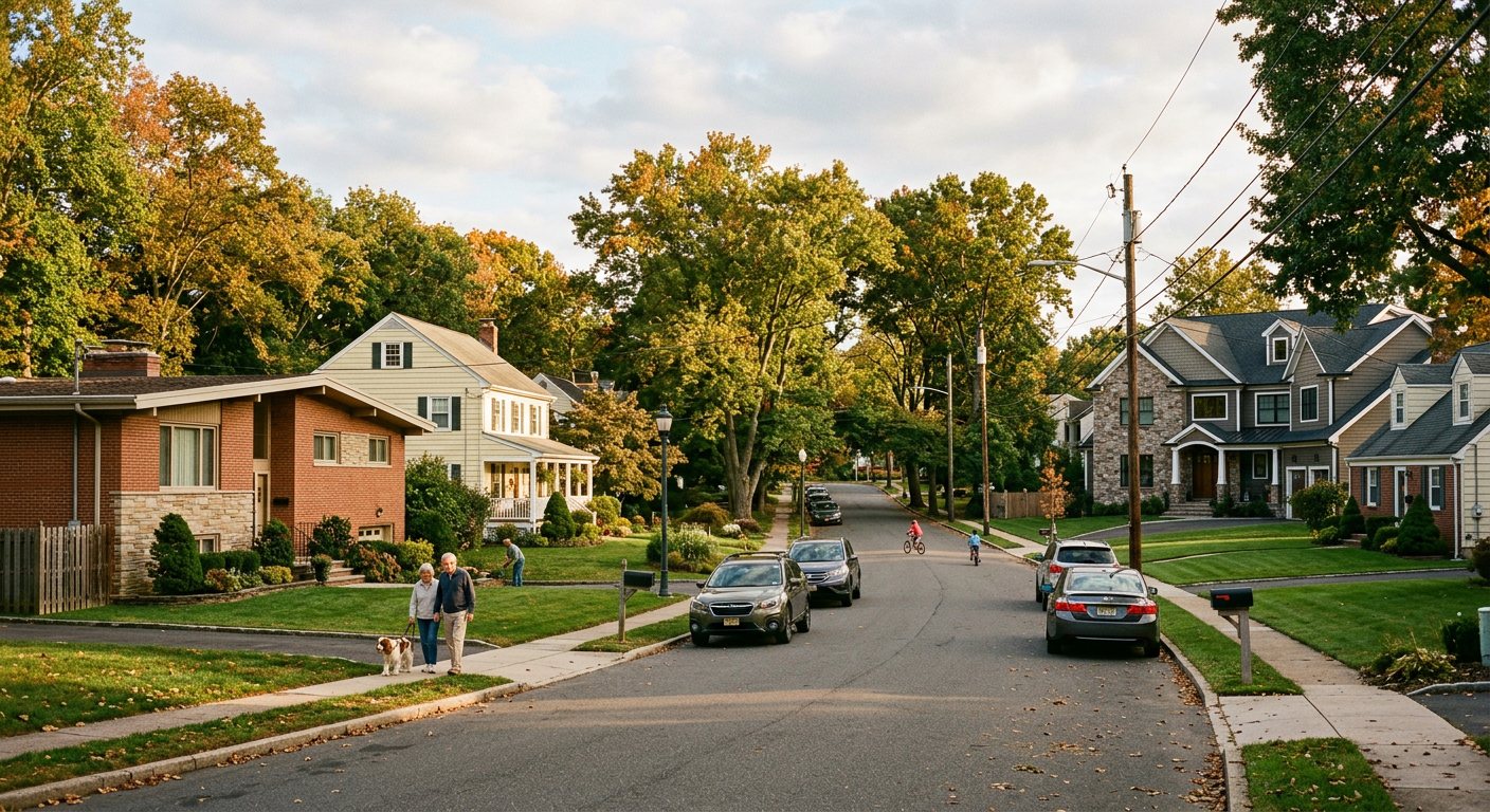 Quiet tree-lined residential street with single-family homes in Edison, NJ