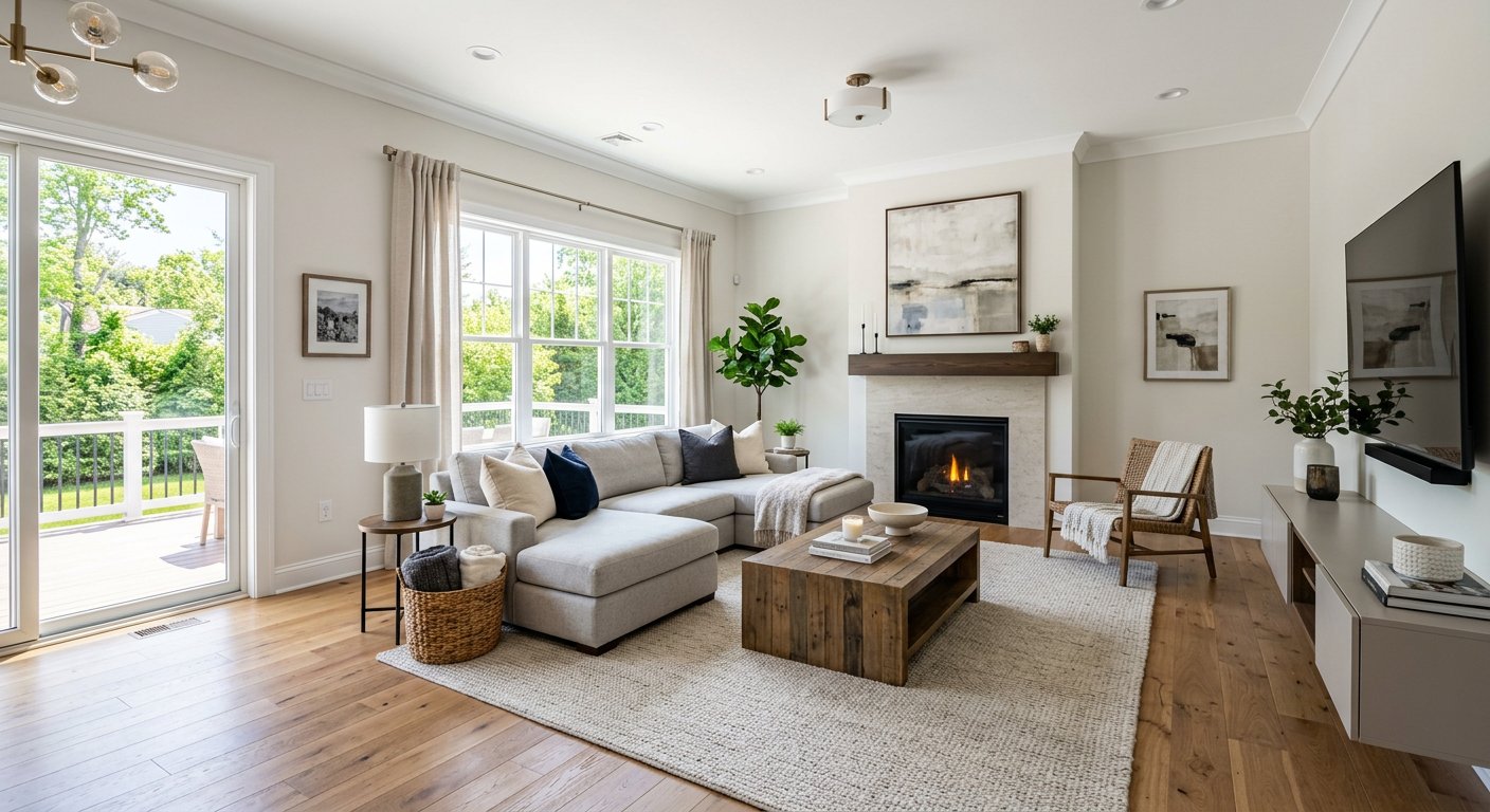 Bright, professionally staged living room in a New Jersey home