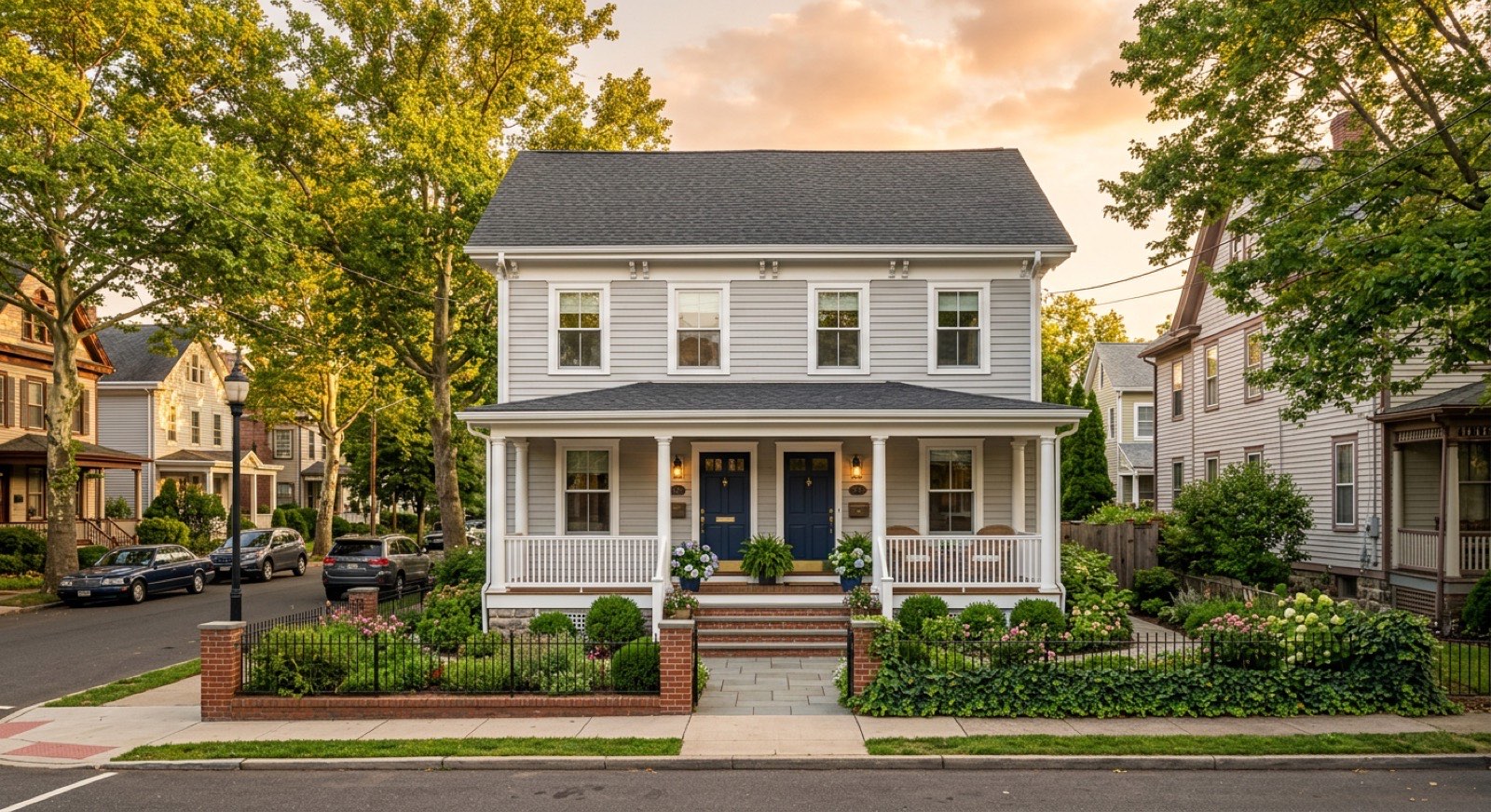 Classic gray colonial with a covered front porch and blue door on a tree-lined street in New Brunswick, NJ