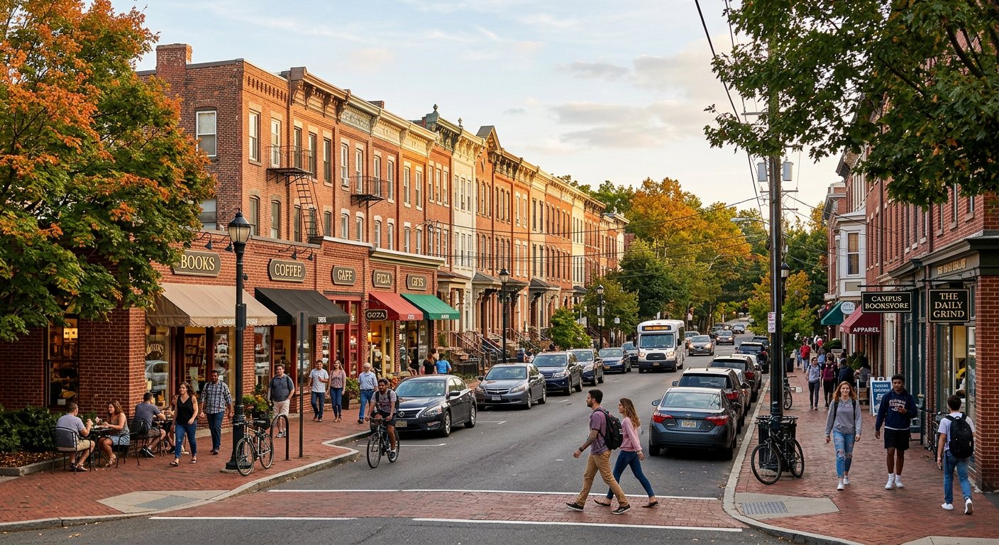 Walkable downtown New Brunswick, NJ with brick storefronts and students near Rutgers