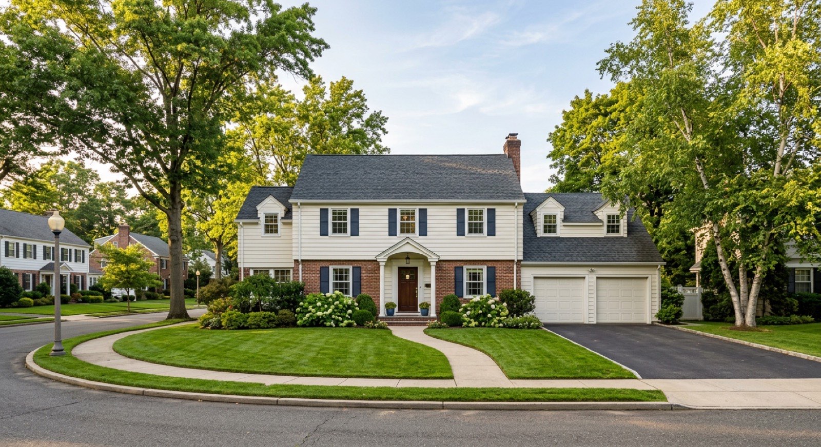 Classic center-hall colonial home with navy shutters on a tree-lined street in North Brunswick, NJ