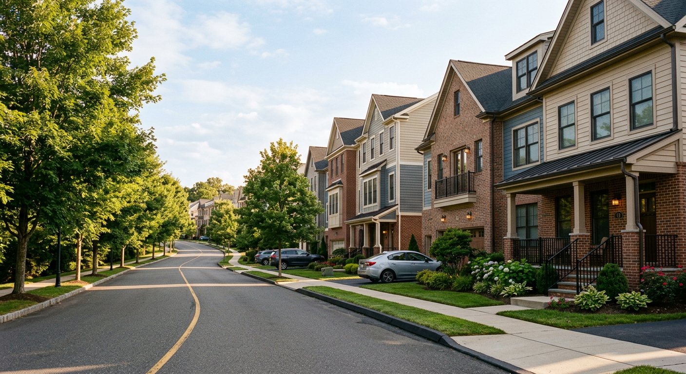 Tree-lined residential street with newer townhomes in North Brunswick, NJ