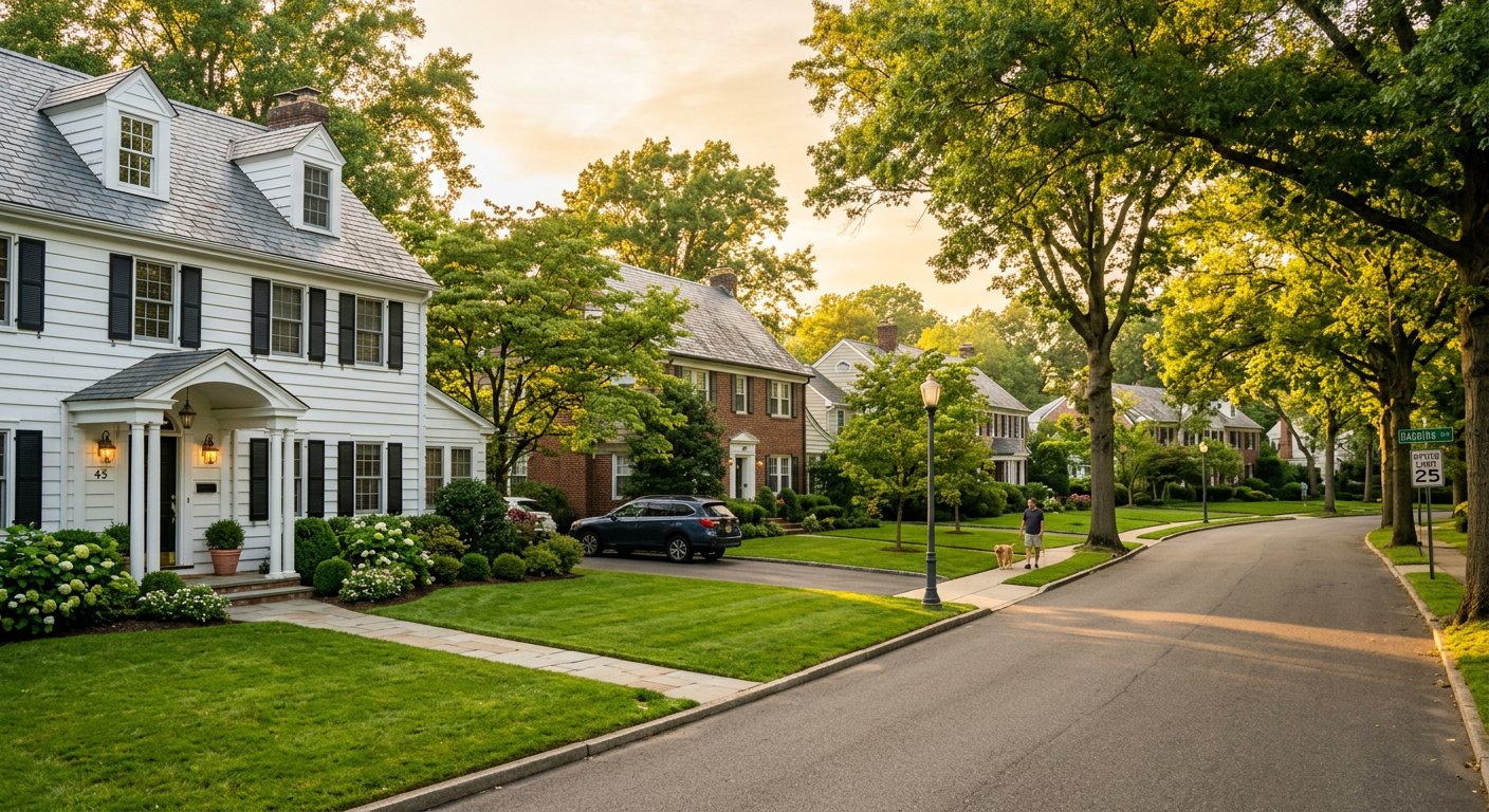 Spacious tree-lined street of colonial homes in South Brunswick, NJ at golden hour